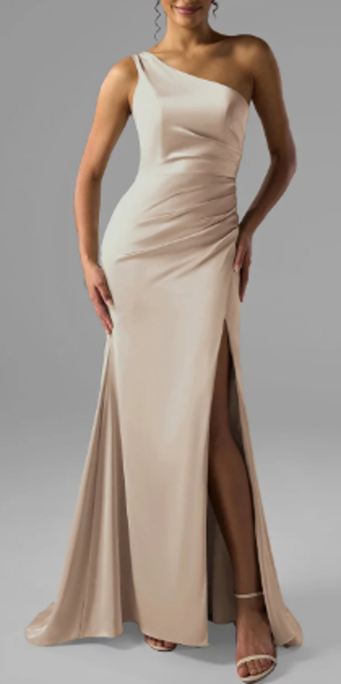 AW BRIDAL 8 M taupe Rohan satin wedding formal bridesmaid maxi dress NEW 0b13